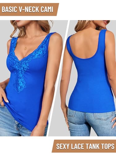Image of Womens Lace Tank Top Sexy Deep V Neck Wide Strap Tops Fitted Basic Cami Shirts