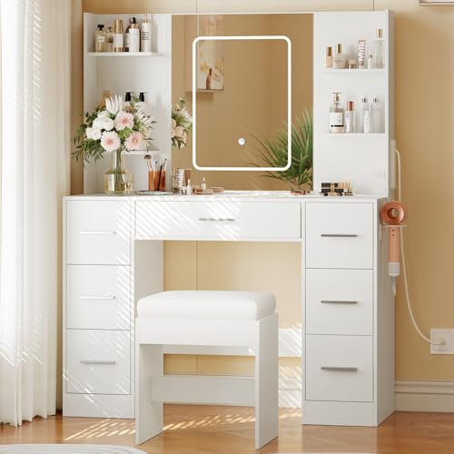 Garvee Makeup Vanity with Mirror and Chair, Power Outlet, Hairdryer Holder, 7 Drawers, 3 Lighting Modes Brightness Adjustable Dressing Table for Bedro