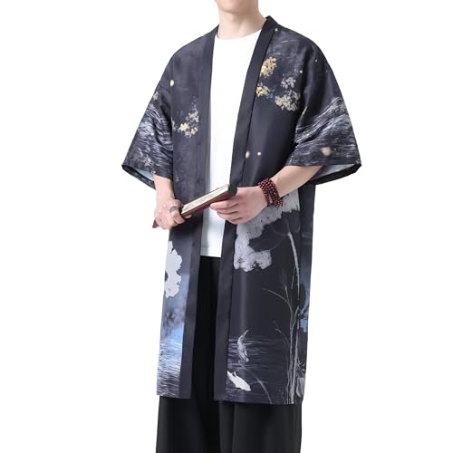 PRIJOUHE Men's Kimono Robe Lightweight Japanese Bathrobe Open Front Casual Long Cardigan Yukata Jacket3