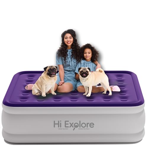 Hi Explore Air Mattress Full with Built in Pump Raised, with Comfort Plush, Inflatable Blow Up Mattress, for Home, Guests, Camping,(Purple, 22” Height)