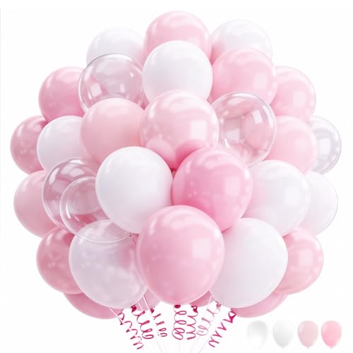 Image of 160Pcs 12 Inch Pink White Pastel Pearl Clear Latex Balloons for Girl Baby Shower Bridal Wedding Birthday Party Decorations