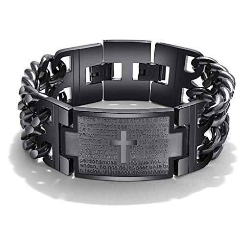 Image of Young & Forever Titanium Steel Cuban Link Chain ID Bar Bracelet for Men and Boys | Bold Punk Style Hand Band Kada | Plain and Religious Cross Engraved Matte Black & Metallic Silver Style Options