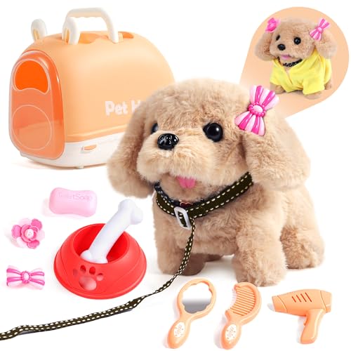 Rtomry Cagnolino Che Abbaia e Cammina per Giochi Bambini 2 Anni, Cane Giocattolo Che Cammina e Abbaia Peluche, Cagnolino Giocattolo Interattivo con Trasportino Guinzaglio, Regalo Bambina 2 3 4 5 Anni