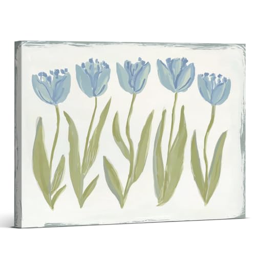 Vintage Blue Tulips Wall Art Floral Botanical Canvas Print Poster Cottagecore Wall Decor for Home Farmhouse Living Room 8x10 Inch Framed