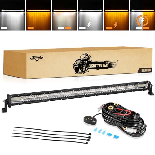 Auxbeam 50 inch 288W Straight LED Light Bar, 6 Modes Amber White Dual Color Strobe Flashing Amber Fog Offroad Light with Memory Reset Function & Wiring Harness 50 Inch Straight