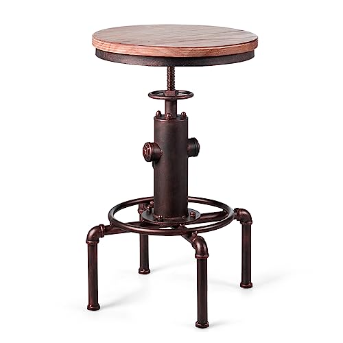 COSTWAY Tabouret Bar Industriel Vintage en Bois de Pin, Hauteur Réglable, Pivotant à 360 Degrés, pour Café Rétro Vintage Élégant Design Tuyau D’Eau Pub Cuisine, Charge 150 KG