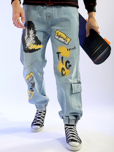 Image of The Indian Garage Co Men Loose Fit Solid Mid-Rise Stretchable Denim Joggers