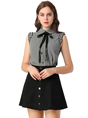 Allegra K Women's Bow Tie Neck Blouse Vintage Ruffle Sleeveless Gingham Plaid Shirt Medium Black #TOP1