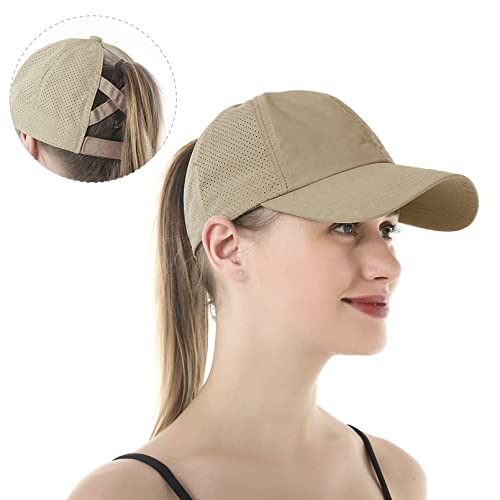 Muryobao Womens Criss Cross Ponytail Baseball Cap Adjustable High Messy Bun Ponycap Trucker Hats Quick Drying Mesh Dad Hat For Outdoor Sports Travel Camel #TOP6
