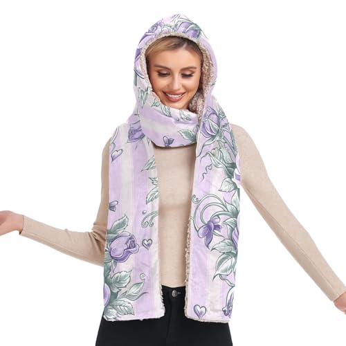 Bonnet d'hiver à capuche femme écharpe intégrée à poches gants rayures violettes