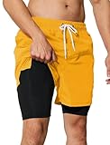 Mens Swim Trunks with Compression Liner 5 inch Inseam Quick Dry Bathing Suit 2 in 1 Board Shorts(XL,Yellow)