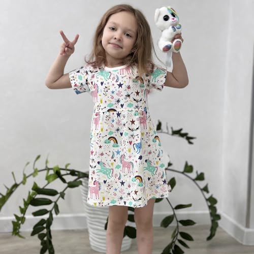 LMYOVE Toddler Girls Summer Casual Dress, Little Girls Cartoon Print Short Sleeve Dress 2-6Y4