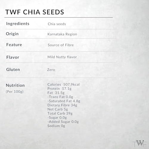 Image of TWF Chia Seeds | 500g | AAA Grade Seeds for Eating | Natural Hydrator for Summers | For Weight Loss | Non GMO | Rich In Protein & Dietary Fibre | 100% Clean | Gluten Free Seeds for Smoothies, Oatmeal, Salads & Baking | Resealable Pack | Diet Snack | Unroasted | Unsalted | Highest Natural Potency