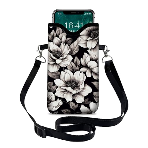Image of Neoprene Cell Phone Sleeve Pouch Case Bag with Crossbody Strap Neck Lanyard for Women 7.1 X 3.9 in Flower