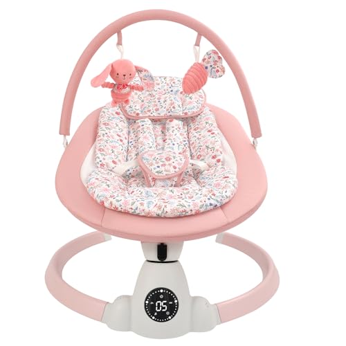 Uuoeebb Baby Bouncer, Portable Electric Baby Swing with Bluetooth, 5 Swing Speed, 10 Songs, 5-Point Harness, Remote Control & Touch Panel - Bouncer from Birth for Indoor & Outdoor Use (Flower) option