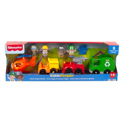 Image of Fisher-Price Little People Toddler Playset Around The Neighborhood Vehicle Pack, 4 Toy Cars & Trucks & 4 Figures (Style A - Helocopter, Dump Truck, Fire Truck, and Garbage Truck)