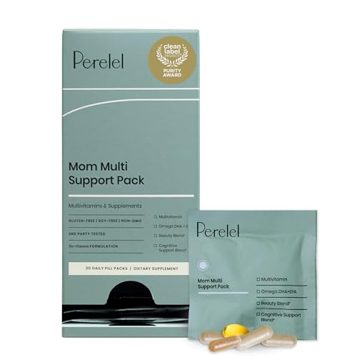 Perelel Mom Multi Support Pack, Postnatal Vitamins for Women with Omega 3 Dha, Iron, Collagen, & Vitamin B12 to Support Postpartum Health, Soy & Gluten Free, Non GMO, 30 Daily Pill Packs