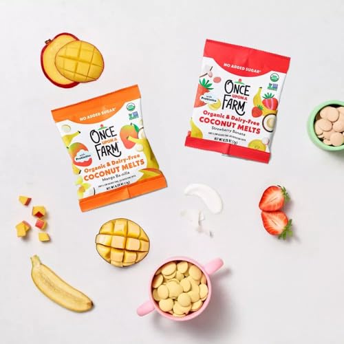 Image of Once Upon a Farm Organic Coconut Melts Variety Pack, 30 Ct, Dairy Free | Once Upon A Farm Organic Coconut Melts Variety Pack with Probiotics, Strawberry, Mango, Dairy Free, Non GMO, .25 oz, 30ct