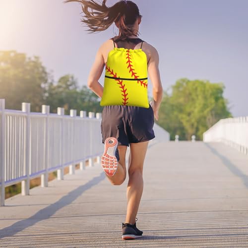 Image of Outdoor Sports Softball Drawstring Backpack, Waterproof Drawstring Bag for Gym Sports Teams Softball Party, Men Women Durable Yellow Sackpack Bag with Front Zipper Pocket and Inside Zipper Pocket