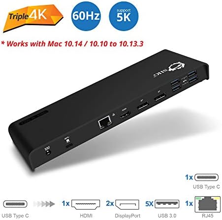 SIIG USB C Docking Station 4K Triple Display Thunderbolt 3 Compatible - Triple 4K@60HZ - Single 5K@60Hz - DisplayLink - 1 HDMI & 2 DisplayPort- 5 USB 3.0 Ports - Type C 60W PD Laptop Charging