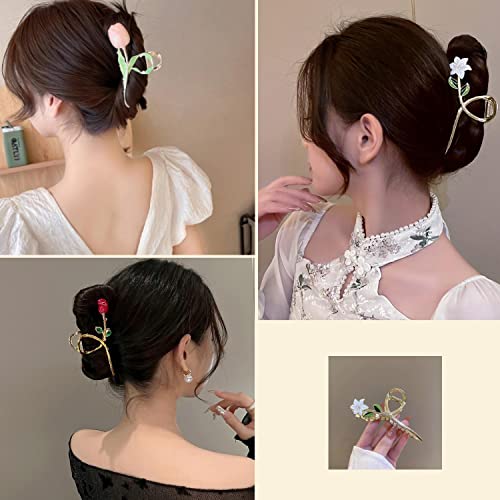 Cosdad 3Pcs Flower Hair Claw Clips - Non-Slip Metal Clips For Women With Thick Hair - Strong Hold Hair Accessories For Girls - Lily, Rose, And Tulip Flower Designs. #TOP3