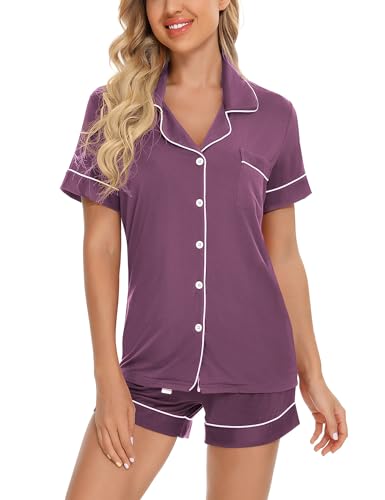 Image of Anjue Womens Pajamas Set Short Sleeve Sleepwear Button Down Nightwear Shorts Soft Pj Sets S-XXL