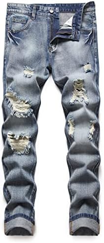 Men's Jeans Ripped Blue Pants Distressed Regular Fit Tapered Leg Classic Denim Fashion Jeans Destroyed with Hole（D3002-34）