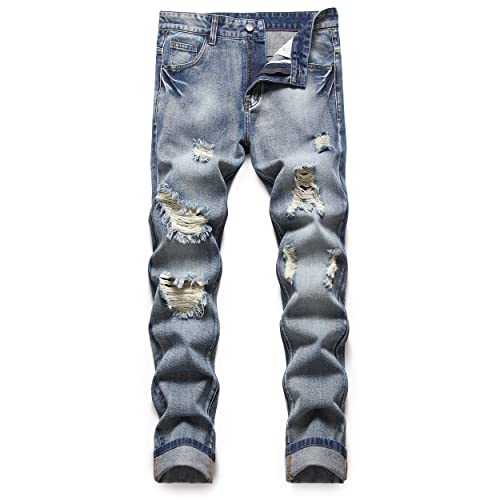 Men's Jeans Ripped Blue Pants Distressed Regular Fit Tapered Leg Classic Denim Fashion Jeans Destroyed With Hole（D3002-34） #TOP3