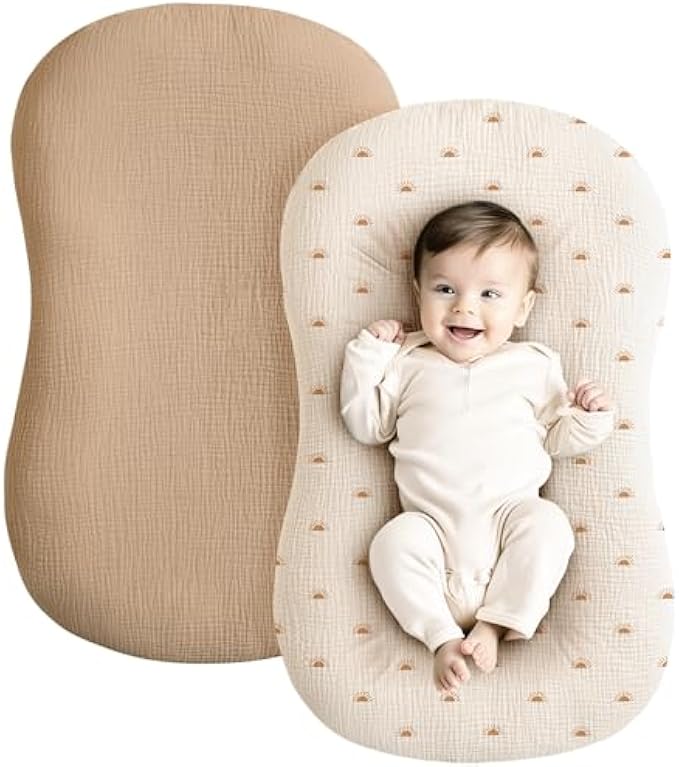 Konssy Muslin Baby Lounger Cover 2 Pack, 100% Cotton Newborn Lounger Cover, Soft and Breathable Lounger Slipcover for Boys Girls, Covers Only (Brown, Sun)