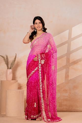 Image of Women's Ombre Net Saree with Gold Sequin Embellishments | Festive Saree for Women | Wedding, Reception and Evening Function Ethnic Wear | Pink