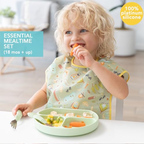 Bumkins Silicone Grip Dish 3-Section, Fork and Spoon & Silicone Lid, Green