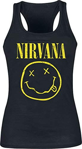 Nirvana Smiley Femme Top Noir Regular/Coupe Standard - Les Beatles, Paul McCartney, John Lennon, RIngo Starr, George Harrison Nirvana Smiley Femme Top Noir Regular/Coupe Standard – Image 7