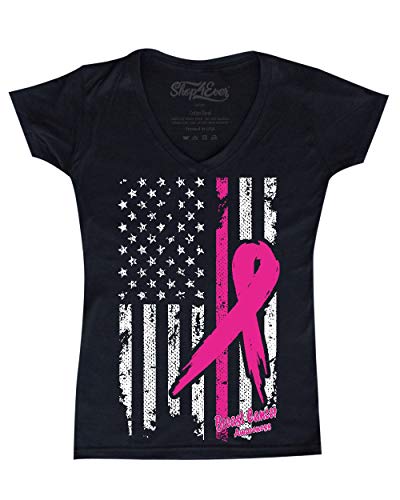 T-Shirt Col en V Femme Cancer du Sein Drapeau Américain Rose Coton