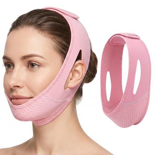 Image of 2 Pack Pink V Line Face Lifting Mask, Reusable Chin Strap for Sleeping, Breathable Double Chin Reducer for Women and Men, Adjustable Jawline Shaper and Facial Slimming Bandage for Anti-Sagging