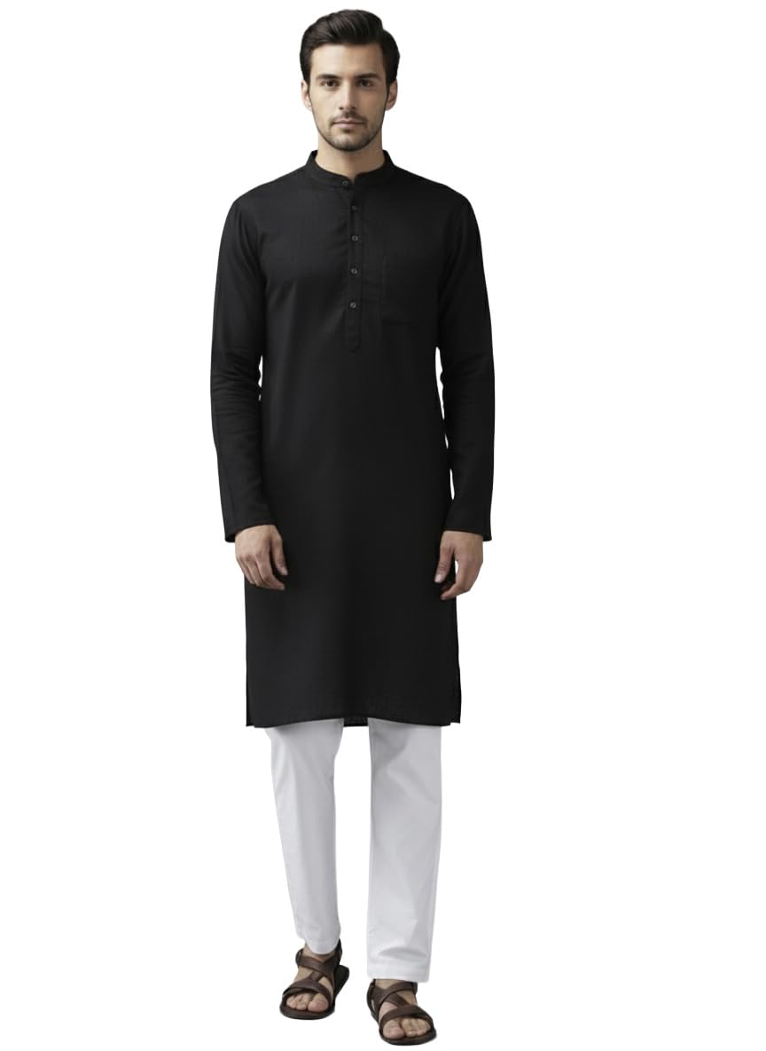 vida loca Cotton Solid Casual Regular Fit Henley Neck Long Kurta for Men-picture-33