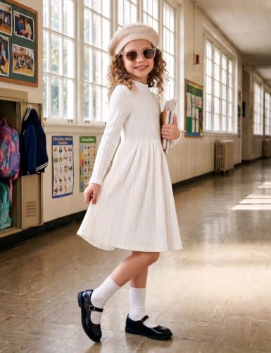 Image of Arshiner Girls Dresses Long Sleeve A Line Knit Sweater Dress with Pockets