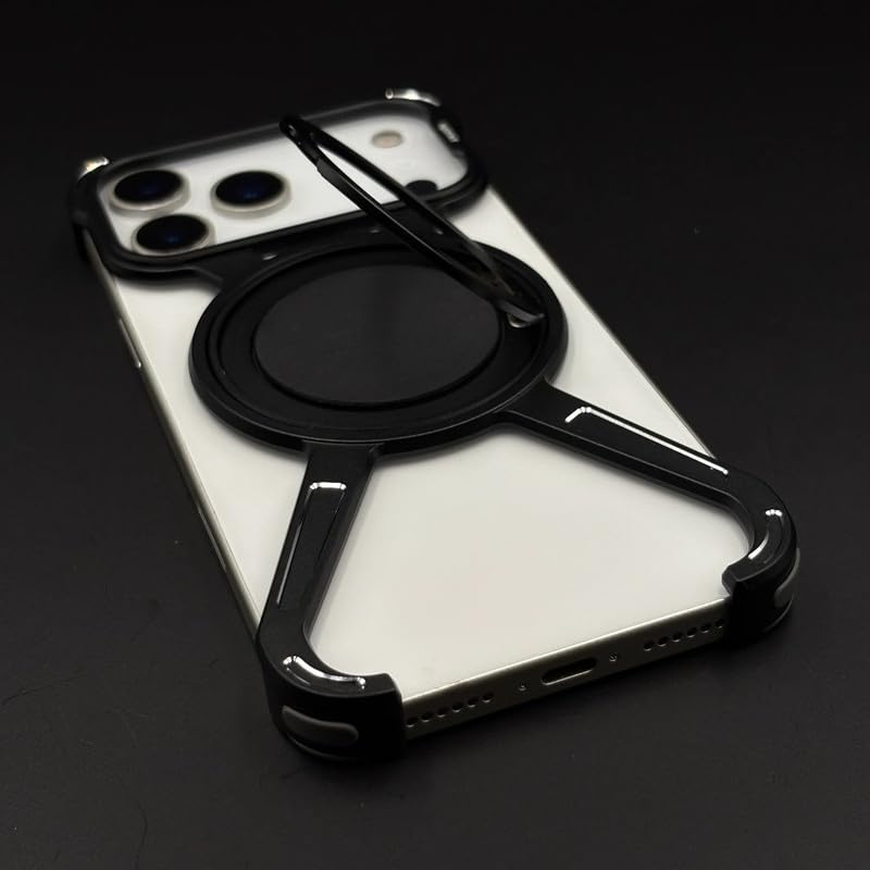 Image of X Shaped Frameless Metal Bumper Compatible with iPhone 17 Pro with 360 Rotate Ring Kickstand | Luxury Aluminum Armor Case | Super Slim Metal - Black