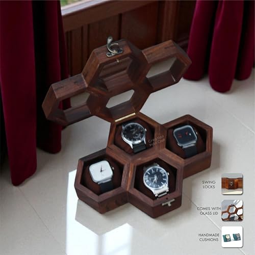 Image of Vintage Wooden Watch Box for Men, Timepiece Display Case, Honeycomb Watch Storage & Organizer, Jewlery Box for Women, Anniversary Gift For Husband (4 Compartments (Other Design))