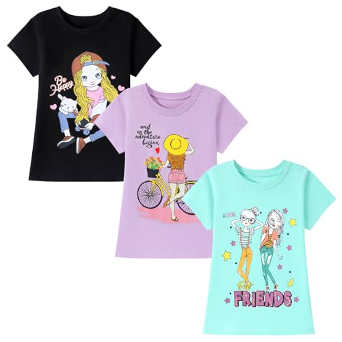 Image of HILEELANG Girl Short Sleeve Tee Shirts Cotton Casual Summer Graphic Tops T-Shirts Multipack