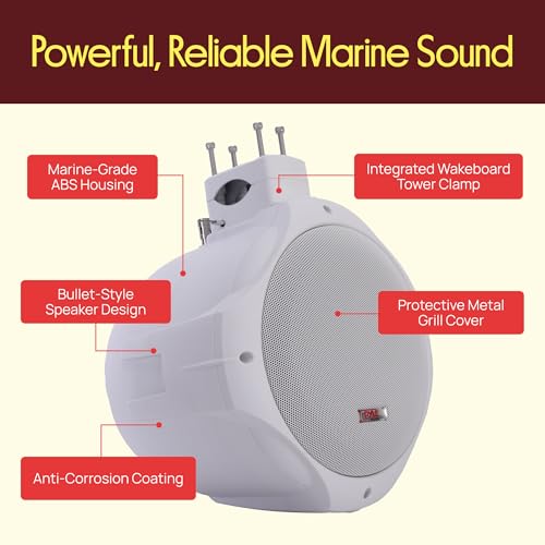 Pyle Wakeboard Tower Speakers, 8&rdquo; 300W Dual Waterproof Subwoofer Speakers & 1&rdquo; Tweeter, 2-Way Outdoor Marine Audio System, Bullet Style Design Suitable for Boats with Mounting Brackets, White (1 Pair)