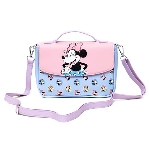 Disney Vegan Leather Fold Over Crossbody Bag for Women, Minnie Mouse Winking Pose Pink and Polka Dot Poses Baby Blue4