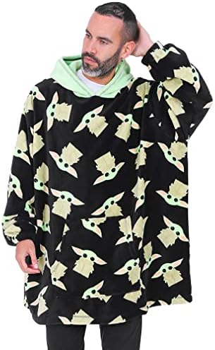 Star Wars The Mandalorian Baby Yoda Mens Hoodie, Oversized Fleece Blanket Hoodie Black