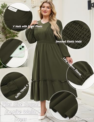 Hanna Nikole Women Plus Size Long Sleeve Casual Dress 2025 Fall V Neck Pleated Flowy Tiered Maxi Dresses with Pockets