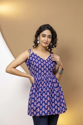 Image of Women's Printed Halter Neck Kurti Top | Sleeveless V-Neck Short Tunic with Back Tie-Up | Casual Ethnic & Summer Wear