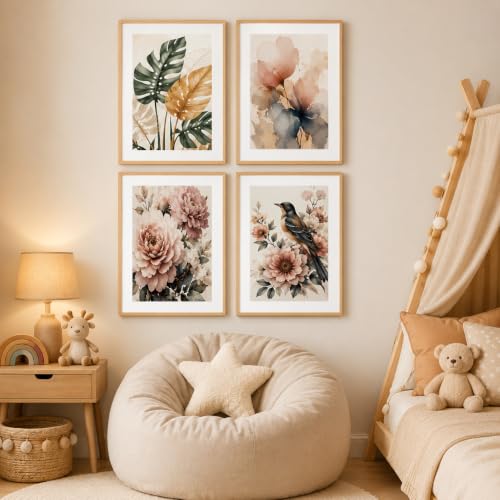 Image of Livin'luxe Set of 4 Botanical Floral Bird Wall Paintings with Sparkle Laminate and Premium Wooden Synthetic Frame for Living Room Bedroom Office Decor (13.5 x 19.5 Inch)