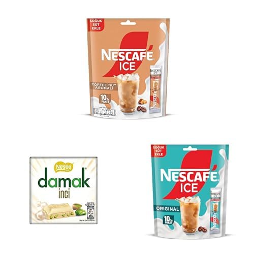 NESCAFÉ Ice – Toffee Nut Aromalı 10'lu Paket x 2, Nestle Damak İnci Antep Fıstıklı Beyaz Kare Çikolata 60 g x 1, NESCAFÉ Ice Original Çözünebilir Kahve Karışımı 10'lu Paket x 1