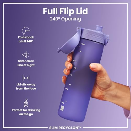 Ion8 Water Bottle, 500 ml/18 oz, Leak Proof, Easy to Open, Secure Lock, Dishwasher Safe, BPA Free, Hygienic Flip Cover, Carry Handle, Fits Cup Holders, Easy Clean, Carbon Neutral, Purple - Image 3