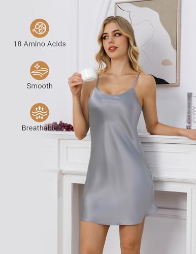 Image of THXSILK Women's Silk Nightgown, 100% Real 19 Momme Mulberry Silk Sleepwear Round Neck Spaghetti Strap Chemise Nightdress