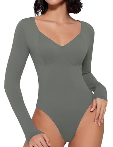 Image of Avidlove Bodysuit for Women Long Sleeve Double Lined Tank Top V Neck Bodysuit Tummy Control Shapewear