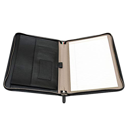 Maruse Personalized Italian Leather Executive Padfolio, Leather Portfolio Laptop Sleeve With Zip Closure And Writing Pad, Custom Black #TOP2